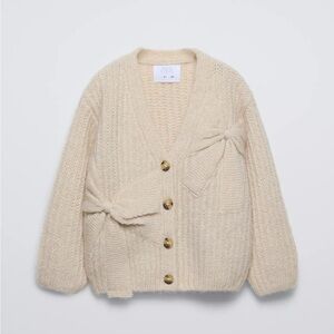 Zara Girls Taupe Button Cardigan with Bow Detail